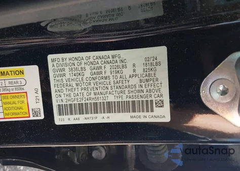 2024 Honda Civic Lx из США, поврежденный, VIN 2HGFE2F24RH561327